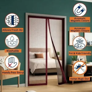 Installed magnetic screen door curtain with maroon trim showing automatic magnetic closure, fresh air ventilation, and bug protection features.
