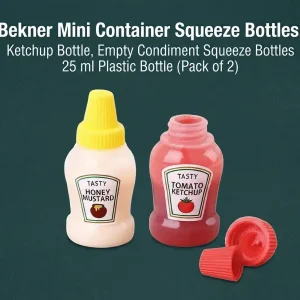 Two Bekner 25ml mini plastic condiment squeeze bottles labeled Tasty Honey Mustard and Tasty Tomato Ketchup on dark green background