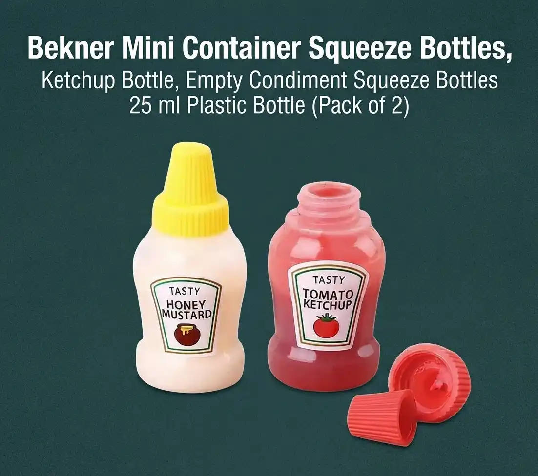 Two Bekner 25ml mini plastic condiment squeeze bottles labeled Tasty Honey Mustard and Tasty Tomato Ketchup on dark green background