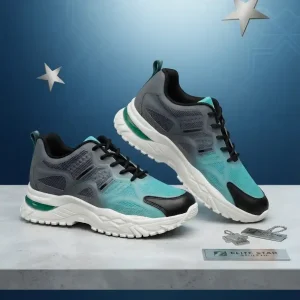 Pair of men's light grey and slate blue gradient mesh sports sneakers displayed on a light surface with star decorations.