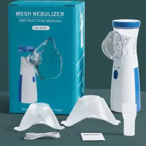 Rechargeable mesh nebulizer machine model JSL-W302 displayed with box, adult and child masks, mouthpiece, and USB charging cable.
