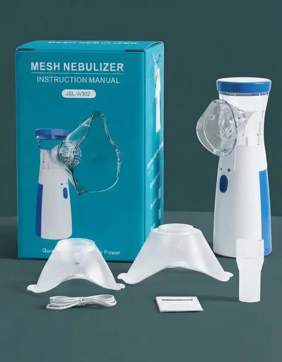 Rechargeable mesh nebulizer machine model JSL-W302 displayed with box, adult and child masks, mouthpiece, and USB charging cable.