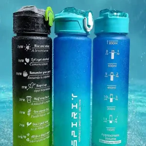 Set of three 800ml frosted gradient sports water bottles showing time markers, volume scales, and motivational quotes.