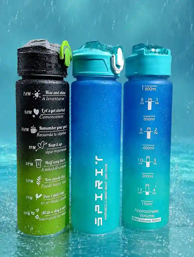 Set of three 800ml frosted gradient sports water bottles showing time markers, volume scales, and motivational quotes.