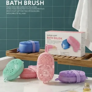 Assorted pastel silicone bath brushes in pink, blue, green, and purple with wood pulp cotton foam sponge and retail packaging