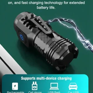 Tactical black Three-Eyed Monster mini super power LED flashlight with a pocket clip charging over an electrical discharge background with multi-device USB charging icons.