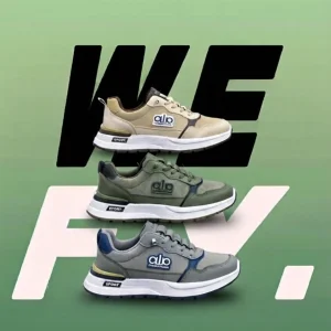 Three pairs of unisex casual sports sneakers stacked vertically in beige, olive green, and slate grey against a green graphic background